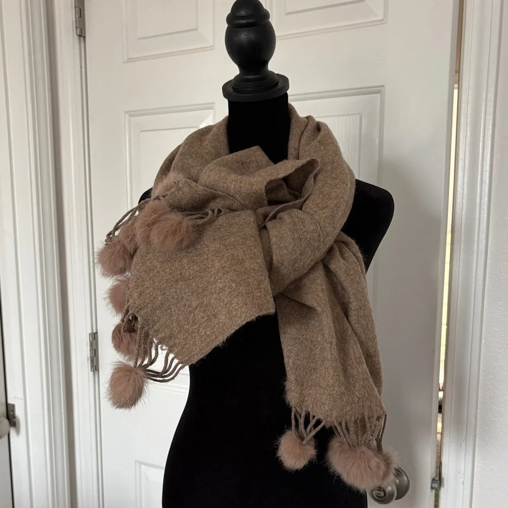Wool Blend Brown Scarf Wrap with Pom Pom Trim